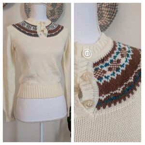 Vintage 70s Sears JR Bazaar Fair Isle Crochet Knit Sweater Small
